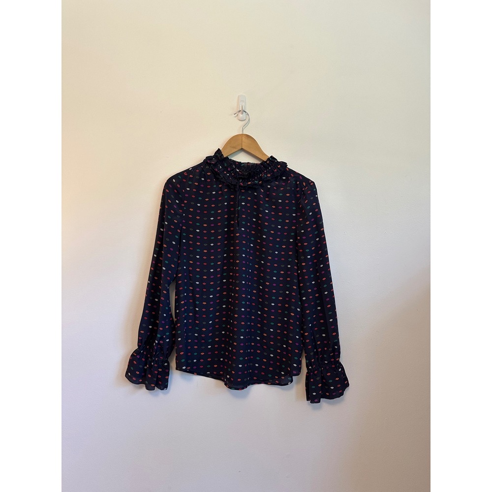 J. Crew Navy Blue Silk Lip Print Ruffle Neck Long Sleeve Blouse | Size 6
